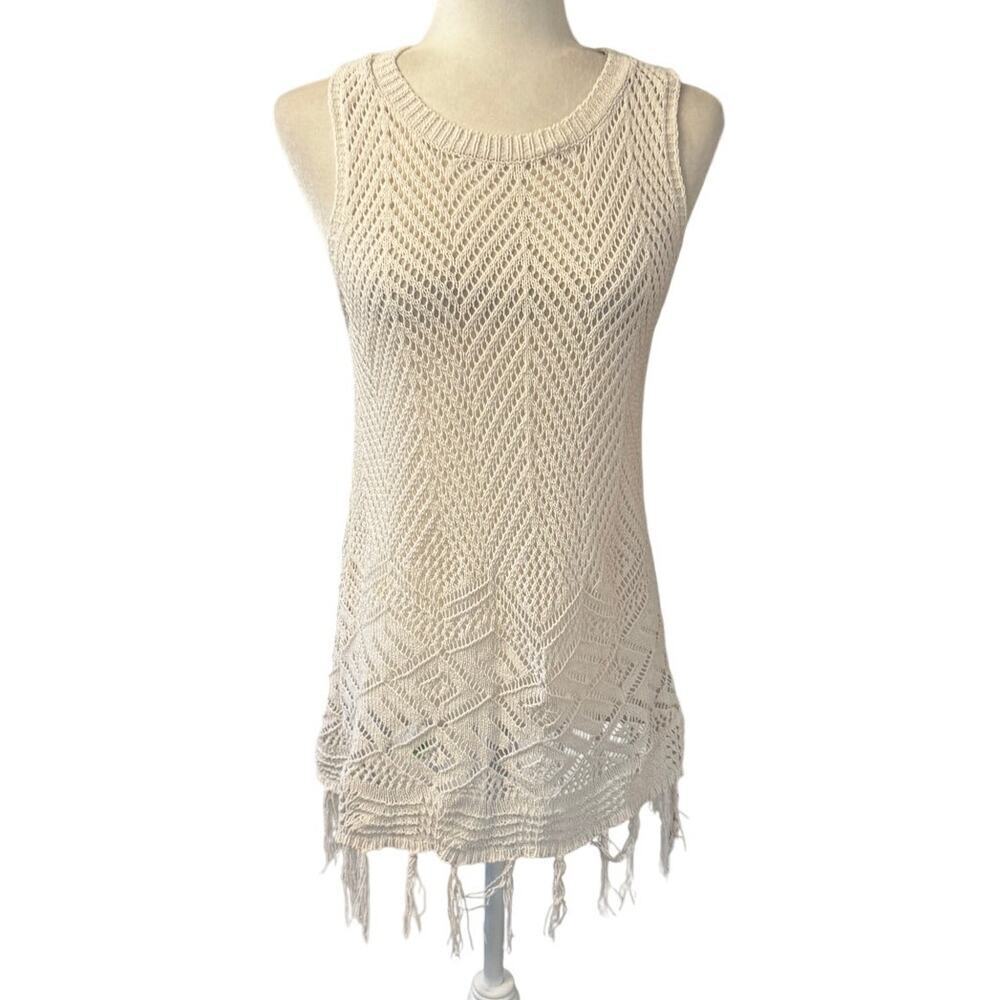 Surf Gypsy Crochet Fringe Swim Cover Up Tunic Dress Boho Beach White Small